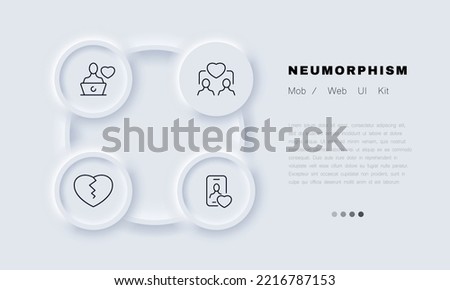 Long distance relationships set icon. Couple, dating app, website, laptop, phone, broken heart, betrayal, feelings. Love concept. Neomorphism style. Vector line icon for Business and Advertising.