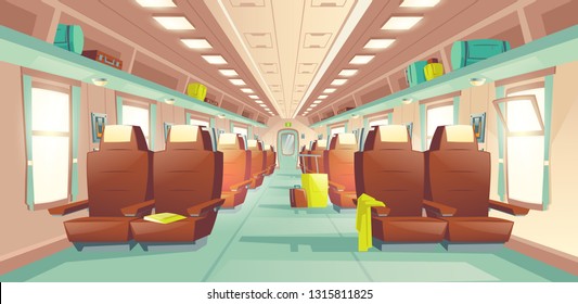 Long distance travel, subway train spacious wagon interior cartoon vector with rows of comfortable double seats, baggage bags on shelves illustration. Public railroad transport concept design element