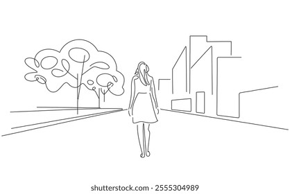 Long distance view of a person walking in the city. Lineart drawing vector