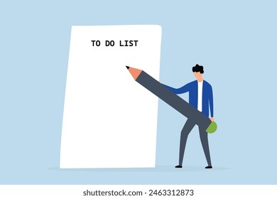 Long to do list, businessman carrying large pen thought to write many to do lists on long piece of paper.