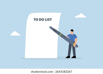 Long to do list, Businessman holding big pen considered making several to do lists on lengthy sheet of paper.