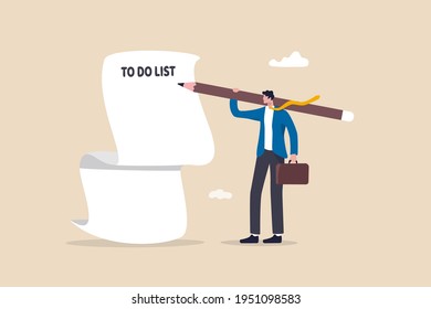 Long to do list, overload tasks and responsibility or productivity and efficiency management concept, smart confident businessman carrying big pencil thinking to write many to do list on long paper.