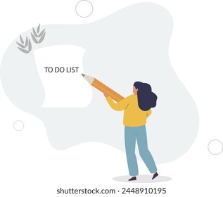 Long to do list, overload tasks and responsibility or productivity and efficiency management concept,flat vector illustration.