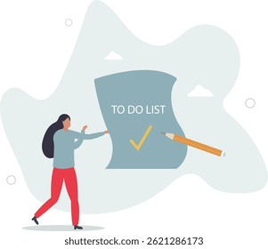 Long to do list, overload tasks and responsibility or productivity and efficiency management concept, character life .