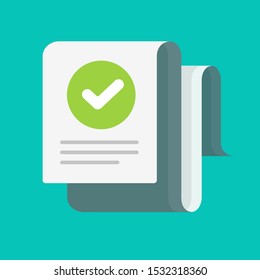 Long document with verified tick notice or approved checkmark vector note flat cartoon, concept of audit confirmation message or inspection note, success check list with correct assessment mark  