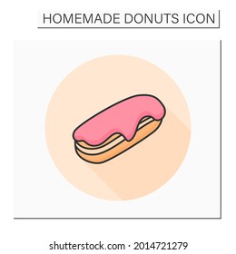 Long donut color icon. Sugar glazed vanilla cream filled french eclair. Concept of puff pastry, sweet treats and doughnut baking. Isolated vector illustration