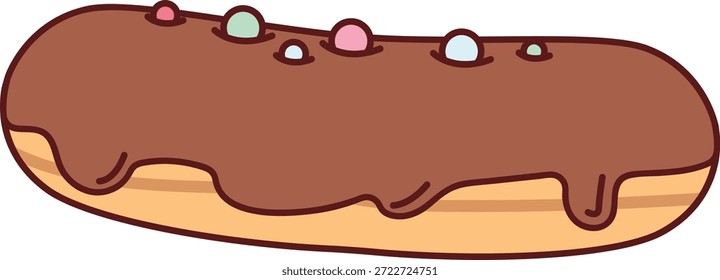 Lange Donut mit tropfender Glasur und runden Bonbons bestreuen, mit fetten Umrissen und sauberen Formen gezeichnet. Symbol für Leckerbissen, Genuss, Dessertbegehren, Bäckerei Süße. Cartoon, Vektorgrafik.