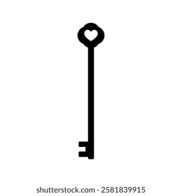 Long door key with heart. Vector silhouette on a white background.