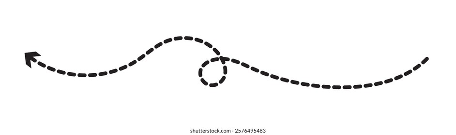 long dotted arrow icon vector illustration. Set of long black dashed arrows on white background. Dashed lines. Direction, way or pointer. Black hand drawn wavy curve dotted arrow icon vector.