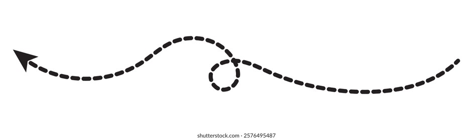 long dotted arrow icon vector illustration. Set of long black dashed arrows on white background. Dashed lines. Direction, way or pointer. Black hand drawn wavy curve dotted arrow icon vector.