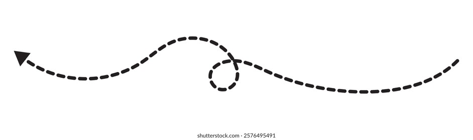 long dotted arrow icon vector illustration. Set of long black dashed arrows on white background. Dashed lines. Direction, way or pointer. Black hand drawn wavy curve dotted arrow icon vector.