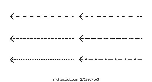 Icono largo de flechas punteadas apuntando a la izquierda en estilo plano sobre fondo aislado blanco.