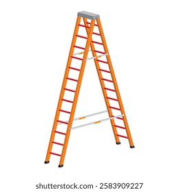 Long and double A-shaped portable ladder. Metallic household stepladder. Isolated aluminum ladder vector.