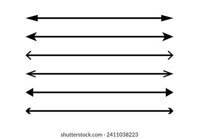 Largas flechas negras rectas dobles. Un conjunto de indicadores de dirección arriba, abajo o derecha, a la izquierda. Ilustración vectorial aislada sobre fondo blanco.