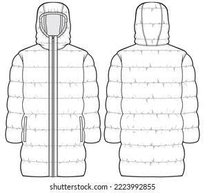 long down jacket quilted padded puffer bomber jacket with hoodie flat sketch vector illustration unisex quilted coat front and back view technical cad drawing template