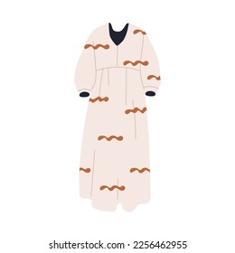 Long dress, female fashion clothes. Loose summer garment, women apparel with print, sleeves. Girls attire in modern romantic style. Flat vector illustration isolated on white background