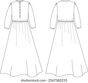 Long Dress Gamis with Elegant Design - Fashion Technical Drawing for Modest Wear, Full-Length Flowy Dress with Detailing, Perfect for Casual or Formal Styles - Flat Vector Illustration for Designers