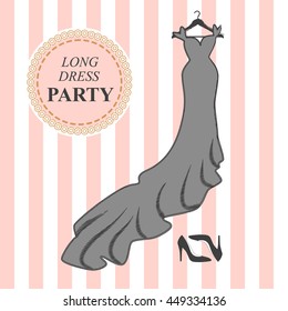 Long dress party invitation. Fashionable maxi dress doodle in hand drawing style with hanger and high heels shoes on pink and white background. Woman wardrobe accessories set