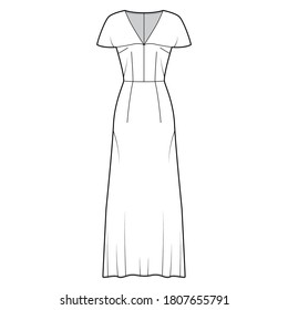 Long dress technical fashion illustration with deep V-neck, cape-effect short sleeves, ancle floor length, A-line fullness. Flat apparel template front white color. Women men unisex CAD mockup