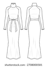 Ilustración de maqueta de Vector de dibujo plano técnico de vestido largo.