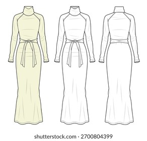 Long dress vector design mockup template technical flat sketch.