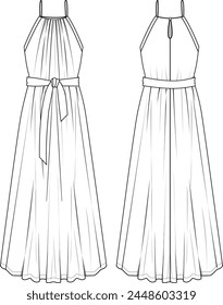 long dress with waist belt and straps