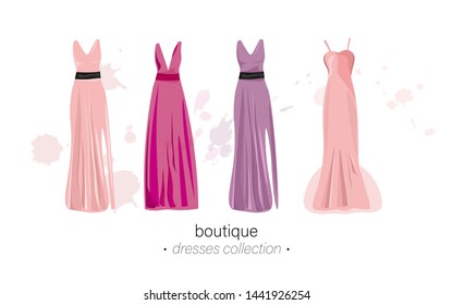 Long dresses Vector watercolor. Evening gowns beautiful elegant