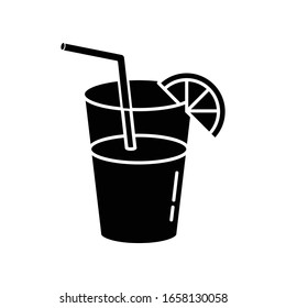 Long drink, cocktail black glyph icon. Night club, bar, drinking establishment silhouette symbol on white space. Alcohol beverage with straw and lemon slice vector isolated illustration