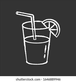 Long drink, cocktail chalk white icon on black background. Night club, bar, drinking establishment. Alcohol beverage with straw and lemon slice isolated vector chalkboard illustration