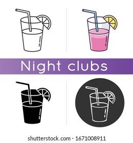 Long drink, cocktail icon. Linear black and RGB color styles. Night club, bar, drinking establishment. Delicious refreshment. Alcohol beverage with straw and lemon slice isolated vector illustrations