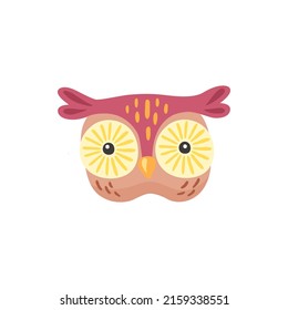 Long eared eagle owl isolated cartoon animal head, childish face mask. Vector owlet bird of prey mascot, feathered barn, kids toy design. Smart fowl wildlife animal, wise bird with big round eyes