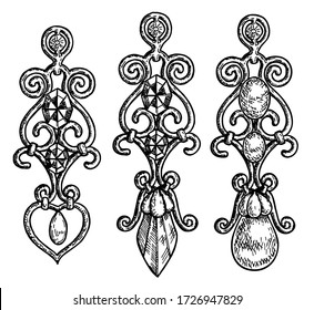Long earrings of various shapes with precious stones. Jewelry bijouterie black and white. Earrings on a white background Set. Doodle. Sketch