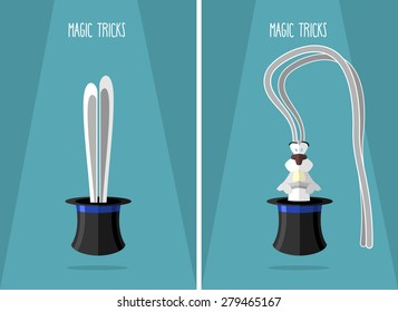 Long ears of rabbit in  hat magician. bunny with gaunt ear. Poster for magic performances. 
