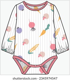 LONG ELASTICATED SLEEVES JUMPSUIT, PLAYSUIT, ROMPER, ONESIES WITH VEGETABLES PATTERN DESIGN FOR BABIES, INFANT GIRL AND TODDLER GIRLS IN VECTOR ILLUSTRATION