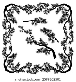 long elegant asian style pine branches forming square frame borders - black and white coniferous tree hand drawn editable vector silhouette design