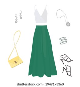 long emerald skirt, white tank top, dark stiletto sandals, light yellow women's handbag, silver earrings, three bracelets and a round pendant on a white background