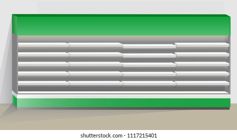 Long empty supermarket refrigator with shelves and illumination shown near wall with spotlights and shadow. Vector illustration for your design