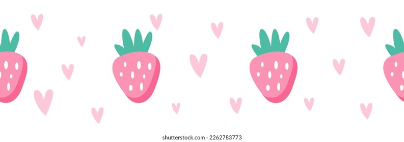 Long endless pattern with cute pink strawberries and hearts on a white background. Love theme, romance, tenderness. Kawaii design for decorative tape, wrapping paper, wallpaper, textiles, prints.