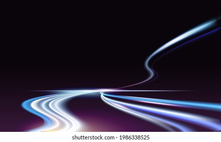 Long exposure fast car light trails on night city road vector illustration. Neon blue traffic light tails of speed auto transport vehicles, bright automobile flash lines on motorway dark background