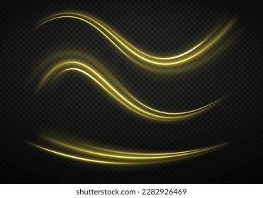 Long exposure light painting photography, curvy lines of vibrant neon metallic yellow gold against a black background	