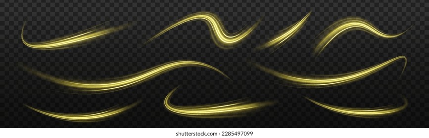 Long exposure light painting photography, curvy lines of vibrant neon metallic yellow gold against a black background	