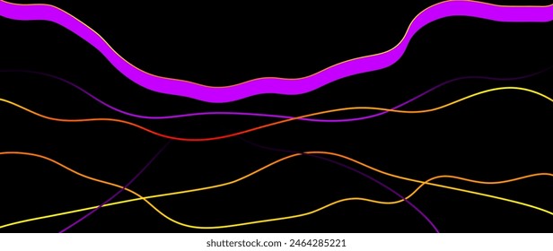 Long exposure light painting photography, curvy lines of vibrant neon pink purple and metallic yellow gold against a black background