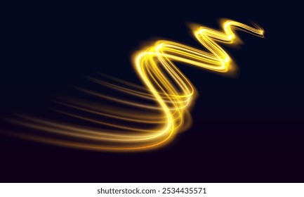 Long exposure light painting photography, curvy lines of vibrant neon metallic yellow gold against a black background. Gold light spiral effect. Glittering wavy trail.	