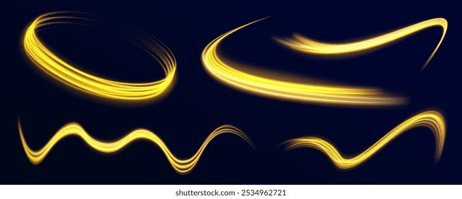 Long exposure light painting photography, curvy lines of vibrant neon metallic yellow gold against a black background. Gold light spiral effect. Glittering wavy trail.	