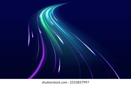 Lange Exposition der Autobahnen als Geschwindigkeit. Geschwindigkeit Verbindung Vektor Hintergrund. Hell und Streifen, die sich schnell auf dunklem Hintergrund bewegen. Violett leuchtende Welle wirbeln, Impulskabel Linien. Lange Zeit. Vektorgrafik