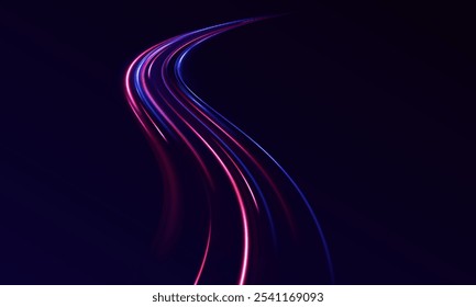 Long exposure of motorways as speed. Speed connection vector background. Light and stripes moving fast over dark background. Purple glowing wave swirl, impulse cable lines. Long time exposure. Vector