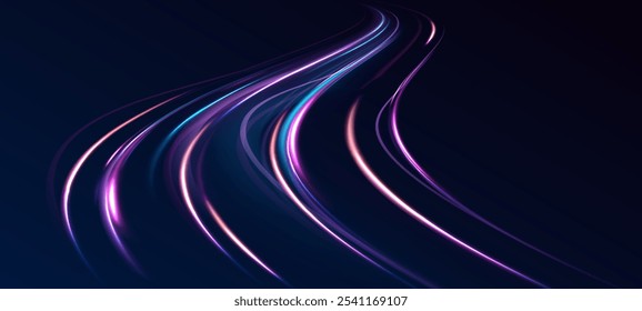 Long exposure of motorways as speed. Speed connection vector background. Light and stripes moving fast over dark background. Purple glowing wave swirl, impulse cable lines. Long time exposure. Vector