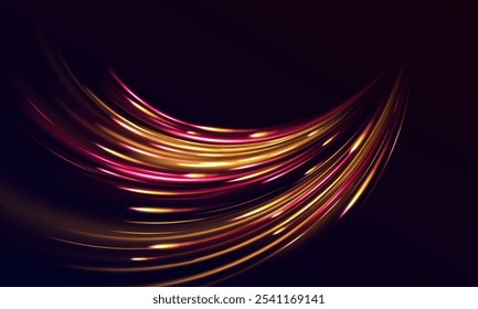 Long exposure of motorways as speed. Speed connection vector background. Light and stripes moving fast over dark background. Purple glowing wave swirl, impulse cable lines. Long time exposure. Vector