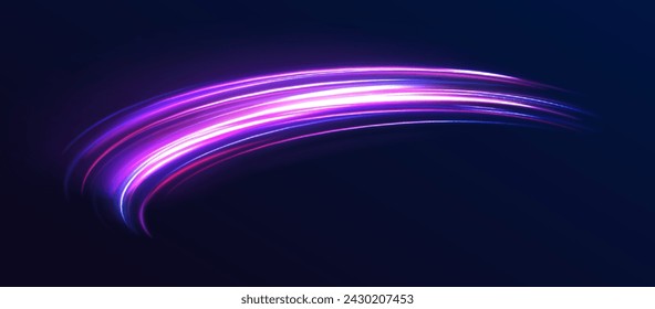 Long exposure of motorways as speed. Neon spiral lines in yellow blue and purple colors. Image of speed motion on the road.	