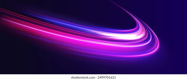 Long exposure of motorways as speed. Neon spiral lines in yellow blue and purple colors. Image of speed motion on the road.	